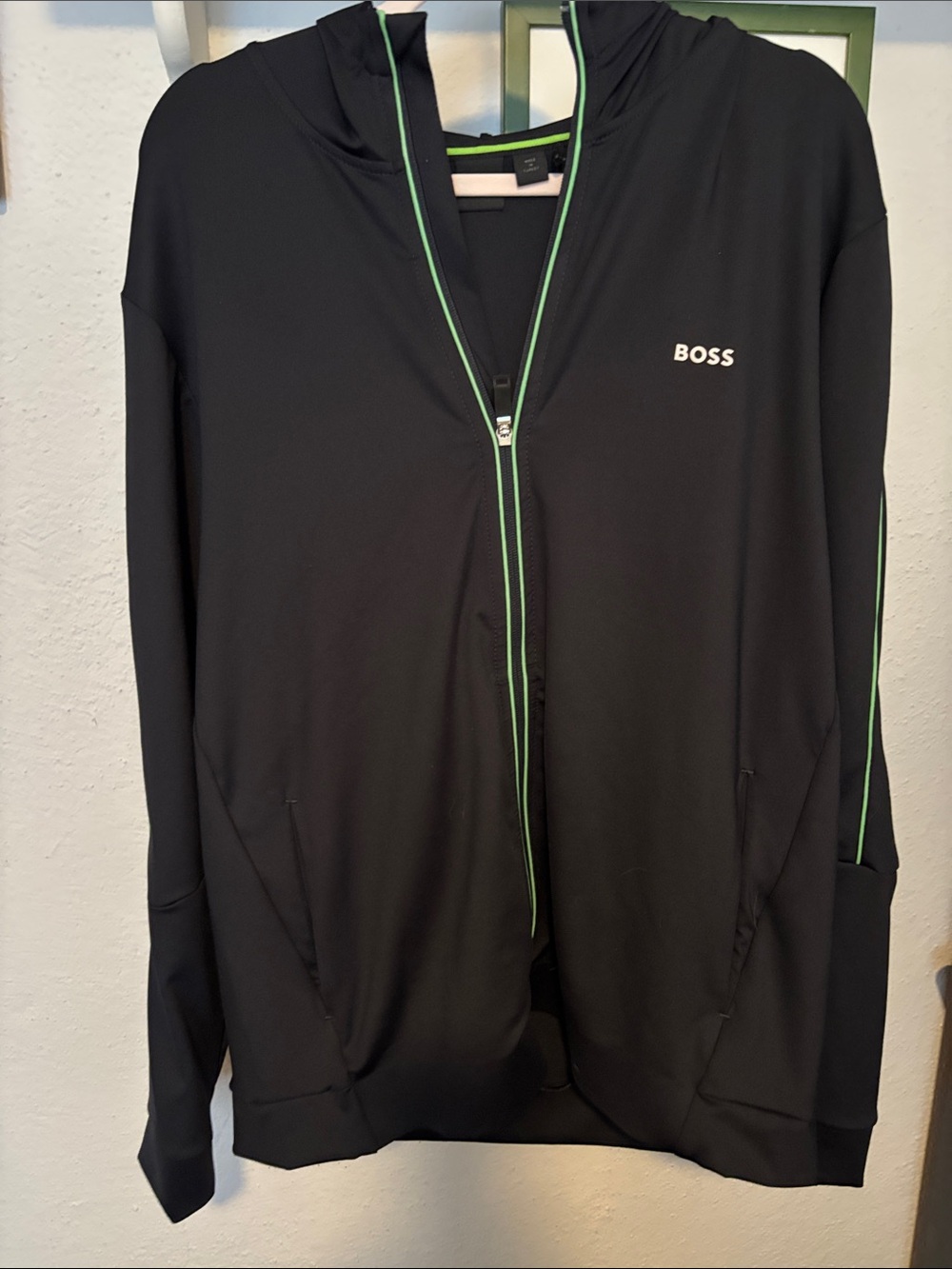 BOSS Black Hooded Performance Jacket with Green Piping SIZE XXL